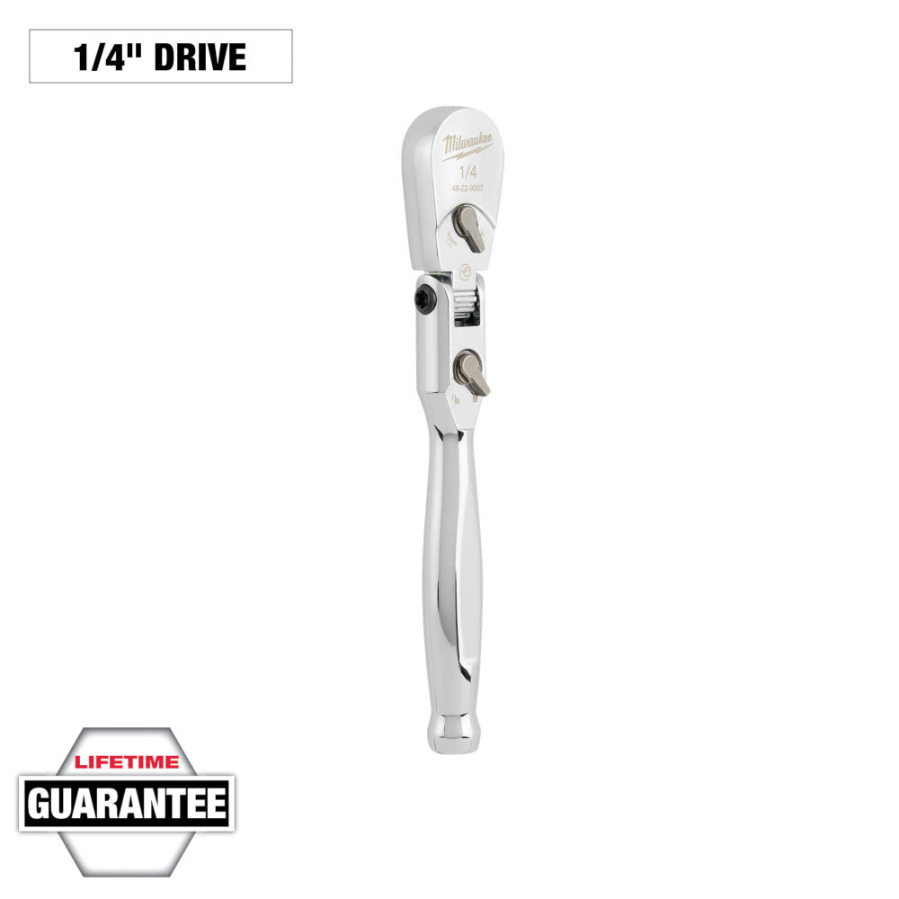 Milwaukee 1/4" drive flex head ratchet with white grip handle and adjustment mechanism visible.