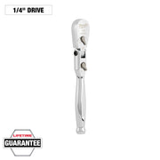 Milwaukee 1/4" drive flex head ratchet with white grip handle and adjustment mechanism visible.