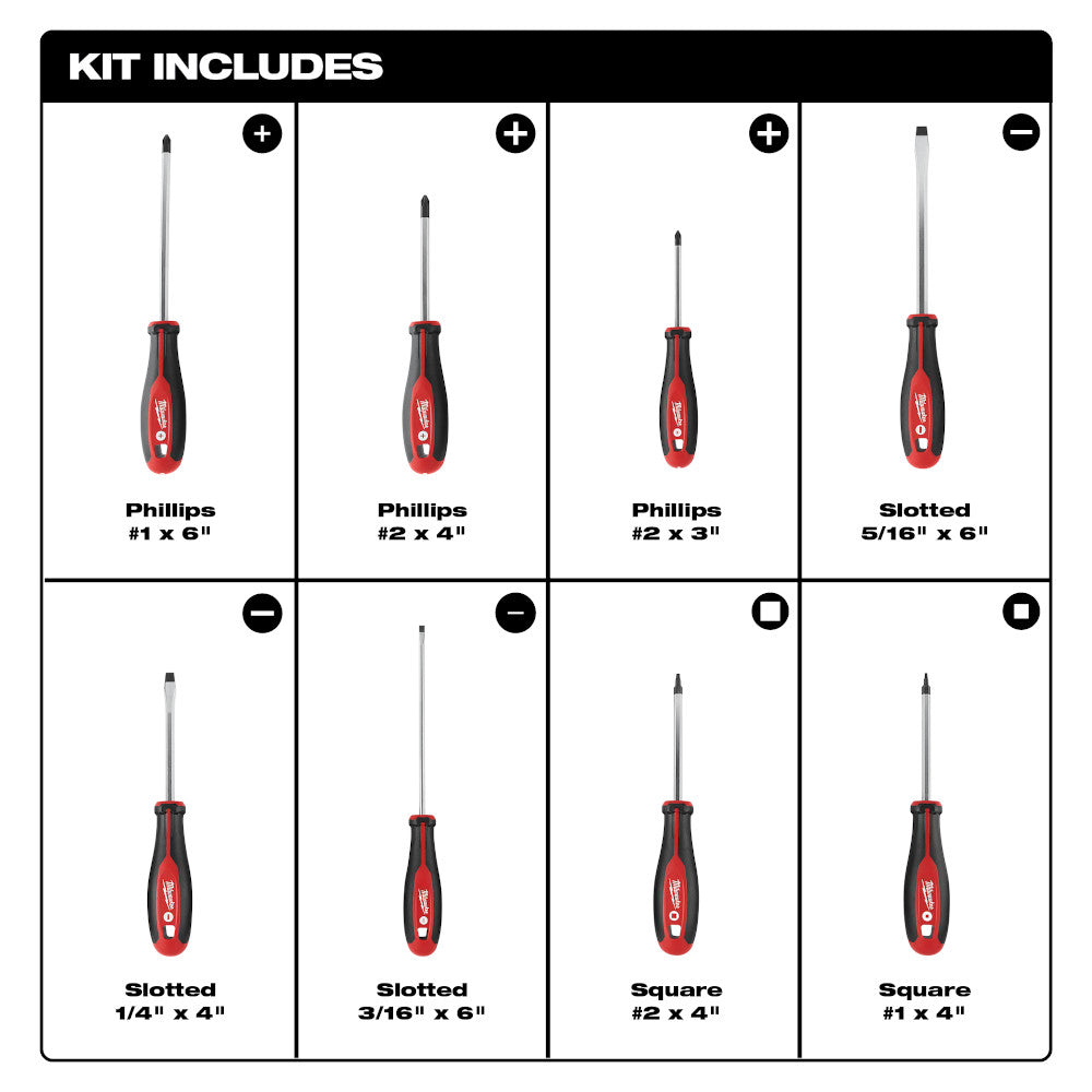 Eight screwdrivers with red and black handles including Phillips, slotted, and square drive tips in various sizes.