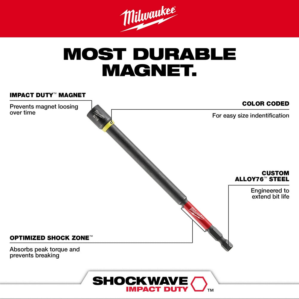 Milwaukee 7/16" x 6" magnetic nut driver with black shaft, yellow band, and red grip section.