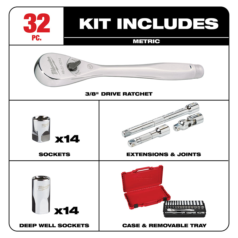 Milwaukee 3/8 inch drive ratchet with 14 standard sockets, 14 deep well sockets, extensions, joints, and red carrying case.