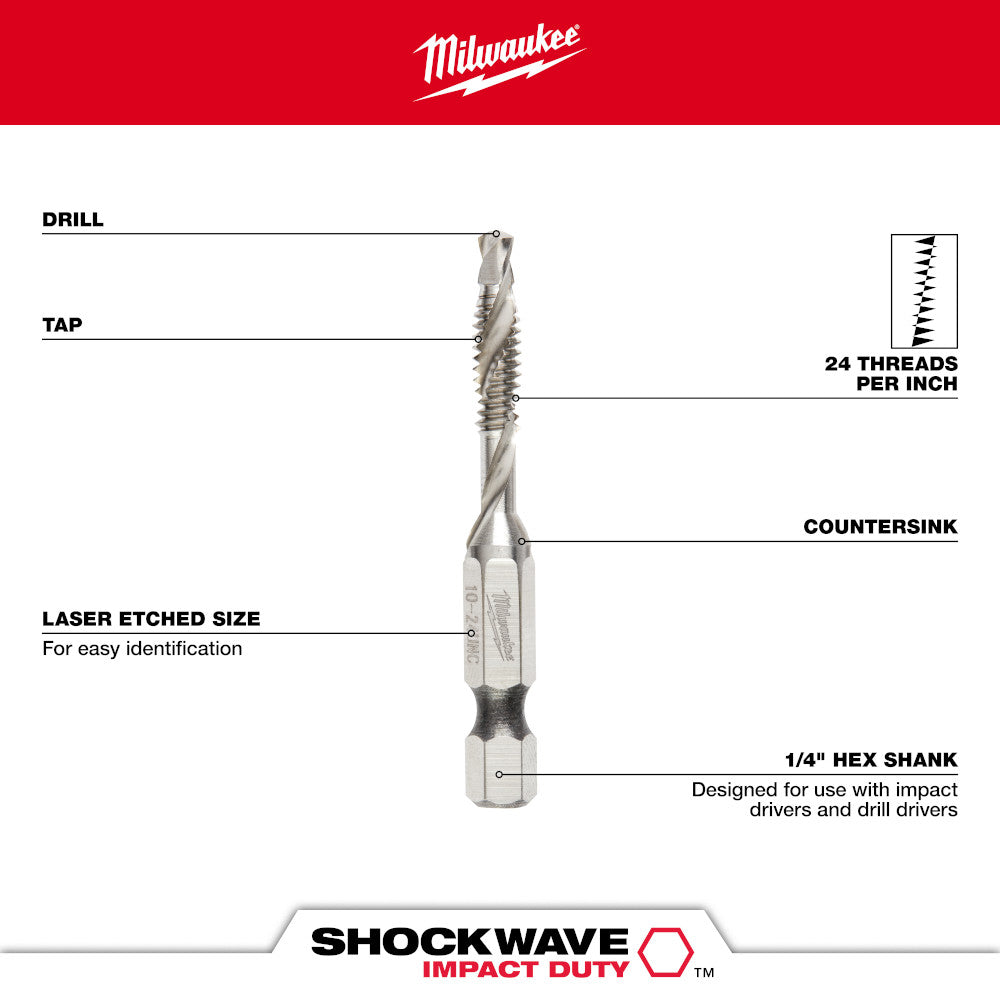 Milwaukee Shockwave impact drill tap with 24 threads per inch, countersink, and 1/4" hex shank for impact drivers.