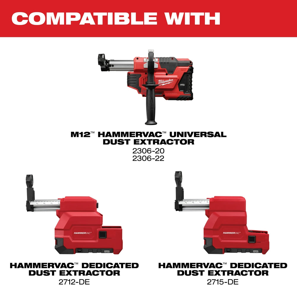 Red and black Milwaukee M12 HAMMERVAC dust extractor nozzle with metal cylinder and black handle attachment.