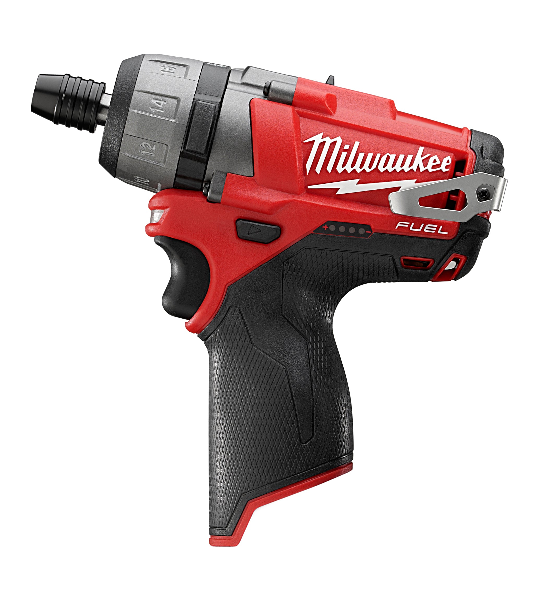 Red and black Milwaukee M12 FUEL cordless screwdriver with hexagonal chuck and trigger controls.