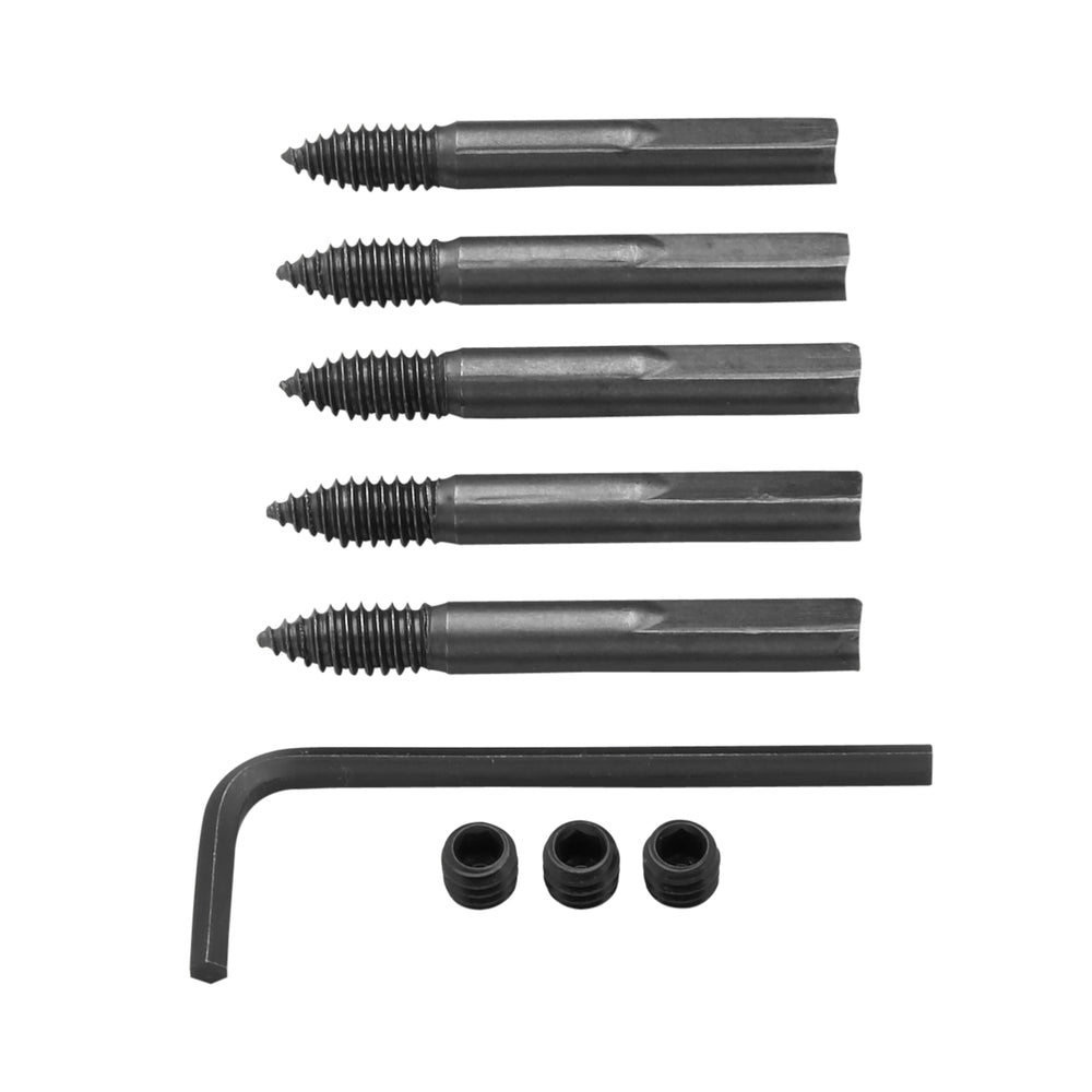 Five black metal self-feed screws with threaded tips, one hex wrench, and three black threaded nuts.