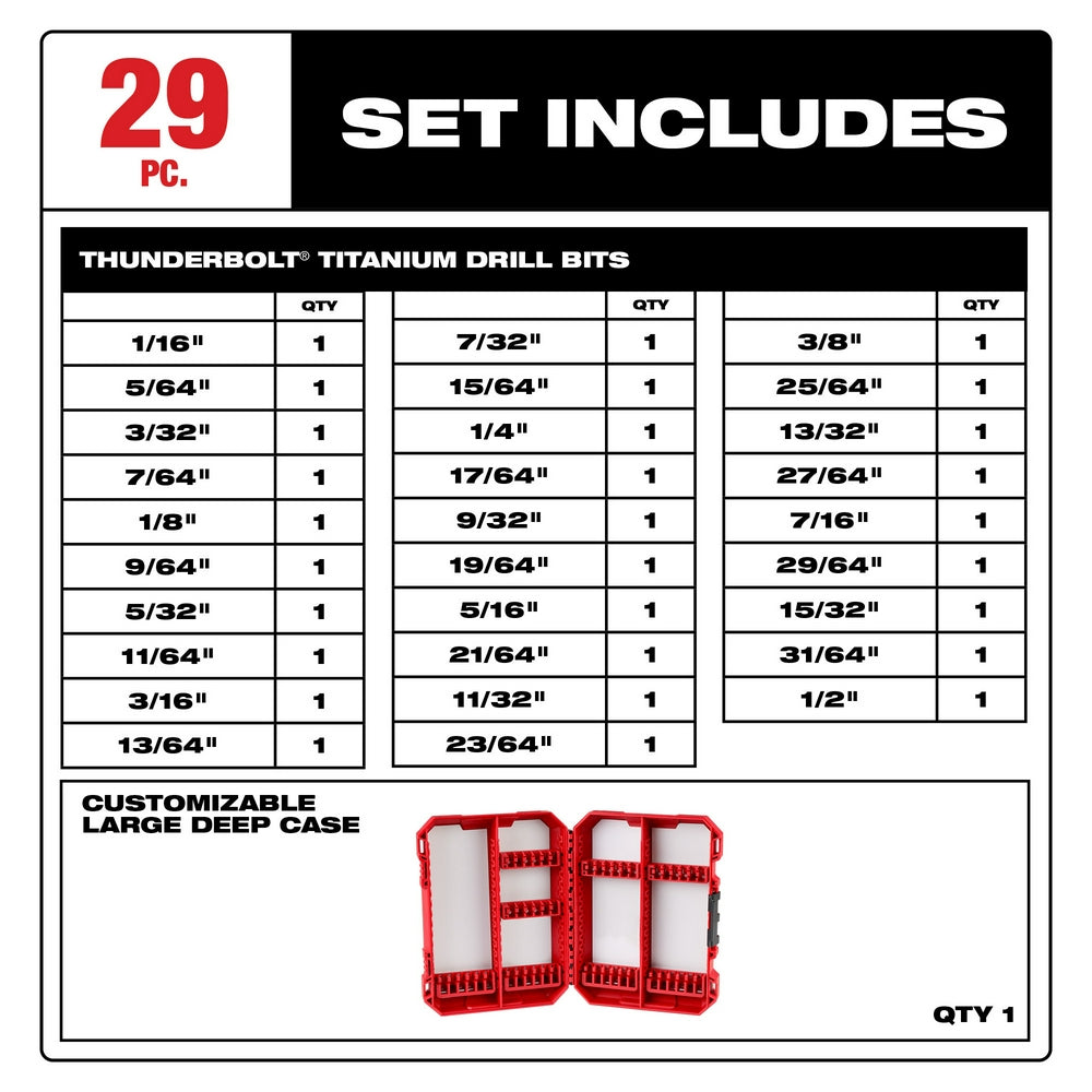 29-piece titanium drill bit set with sizes from 1/16" to 1/2" and red customizable deep case.