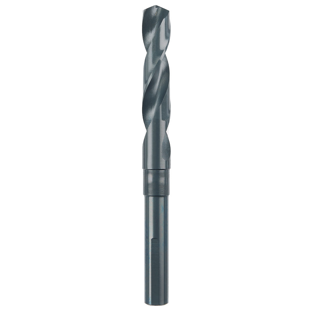 Black oxide twist drill bit with fluted design and cylindrical shank for standard chuck mounting.