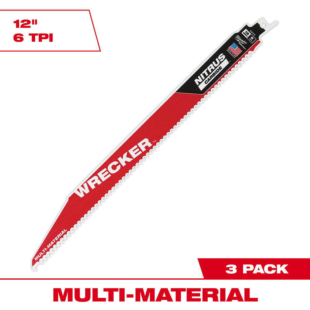 12" red and black reciprocating saw blade with Nitrus Carbide teeth and white cutting edge.