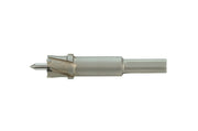 Milwaukee steel hawg cutter with fluted cutting head and cylindrical shank on white background.