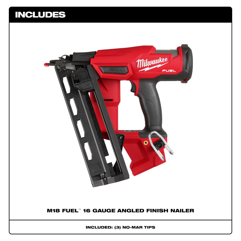 Red and black Milwaukee M18 FUEL 16 gauge angled finish nailer with black magazine and grip.