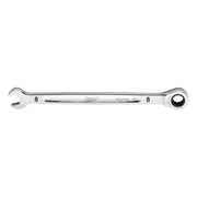 Silver 8mm ratcheting combination wrench with open end on left and ratchet head on right.