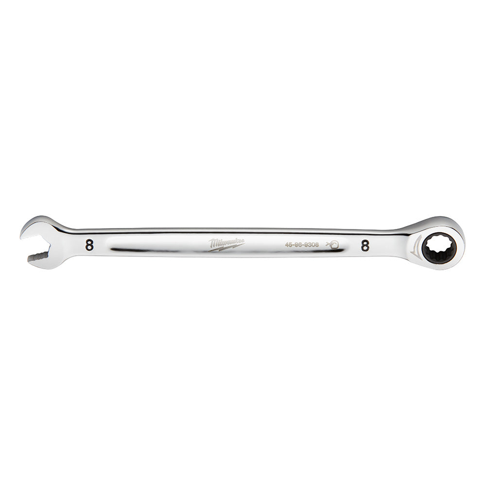 Silver 8mm ratcheting combination wrench with open end on left and ratchet head on right.