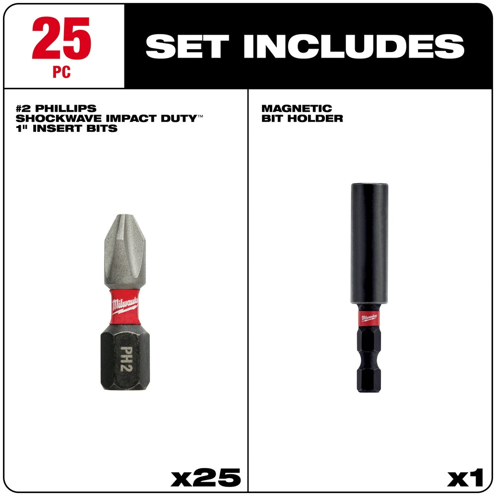 Twenty-five #2 Phillips Shockwave Impact 1" insert bits and one magnetic bit holder.