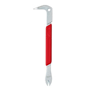 Silver nail puller with curved claw head and red grip handle, dual striking end design.