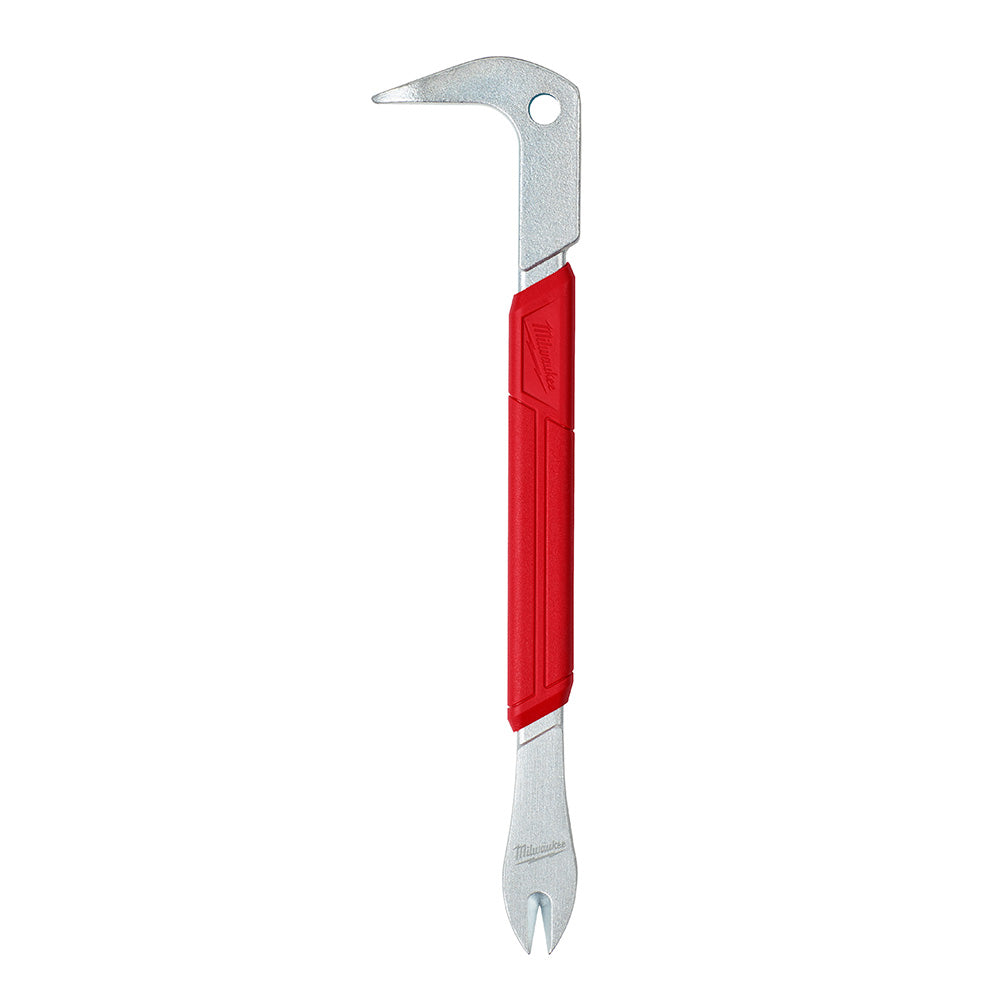 Silver nail puller with curved claw head and red grip handle, dual striking end design.