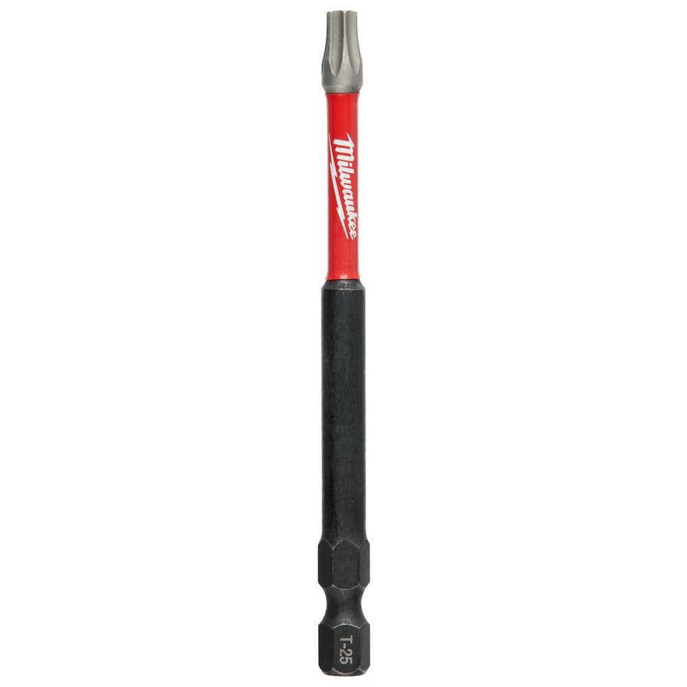 Milwaukee Shockwave T25 impact driver bit with red and black grip handle and gray metal tip.
