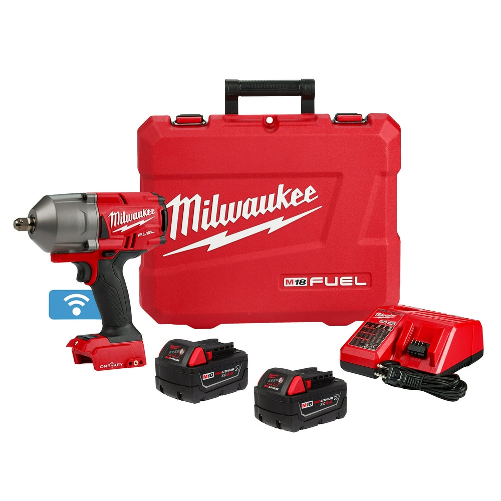 Milwaukee M18 FUEL impact wrench kit with red carrying case, two batteries, charger, and ONE-KEY connectivity icon displayed.