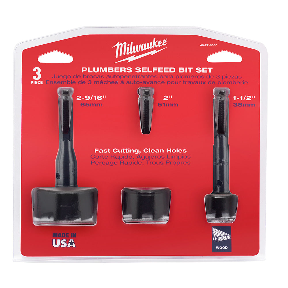 Three Milwaukee plumber's selfeed drill bits in sizes 2-9/16", 2", and 1-1/2" on red packaging.