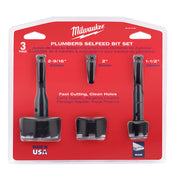 Three Milwaukee plumber's selfeed drill bits in sizes 2-9/16", 2", and 1-1/2" on red packaging.