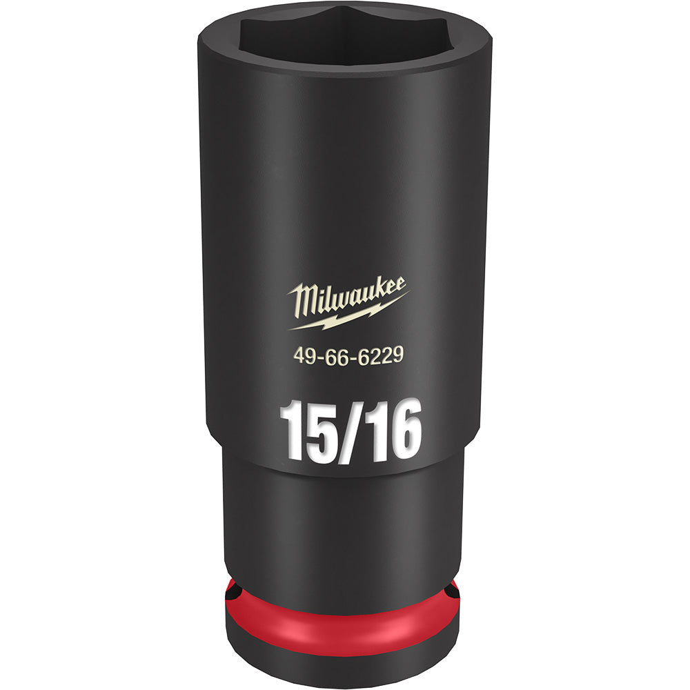 Black deep socket with hexagonal opening, red grip band at base, Milwaukee branding and 15/16" size marking visible.