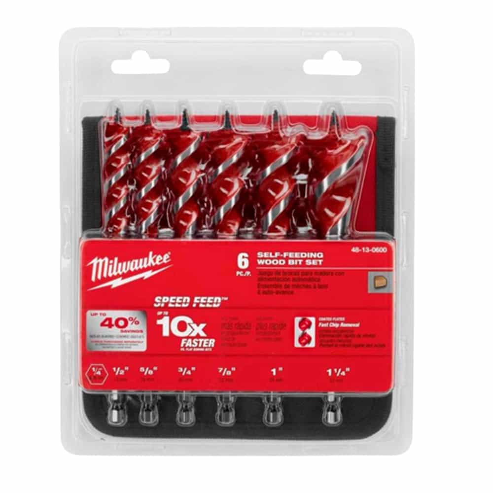 Milwaukee 6-piece SPEED FEED wood bit set with red spiral bits in clear plastic case packaging.