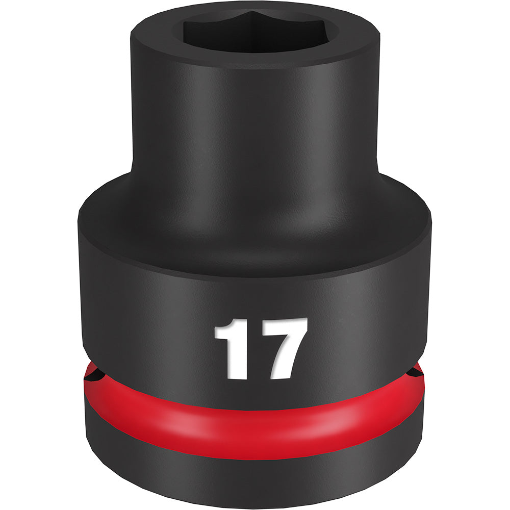 Black 17MM impact socket with 6-point hexagonal opening and red band on 3/4" drive base.