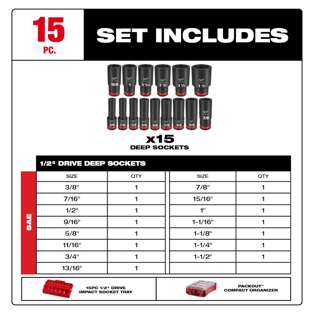 Fifteen 1/2" drive deep sockets in SAE sizes from 3/8" to 1-1/2" with red storage tray and PACKOUT organizer.