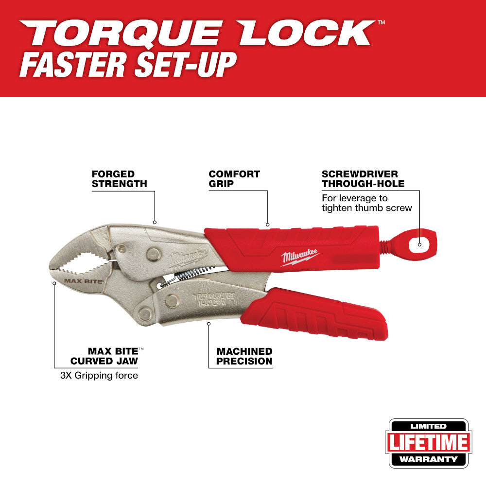 Milwaukee 7-inch curved jaw locking pliers with red comfort grip handles and metal jaw mechanism labeled with features.