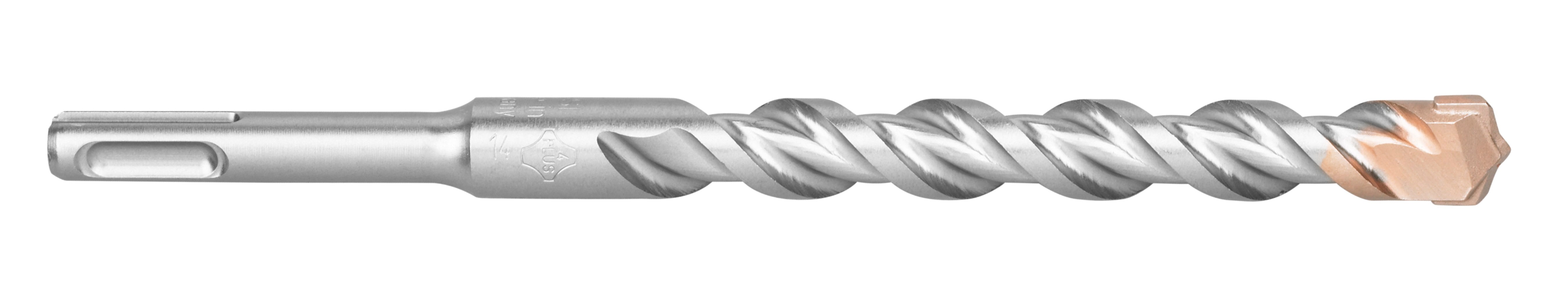 Silver and copper SDS-Plus rotary hammer drill bit with two flutes and rectangular shank, 1/2 inch diameter.