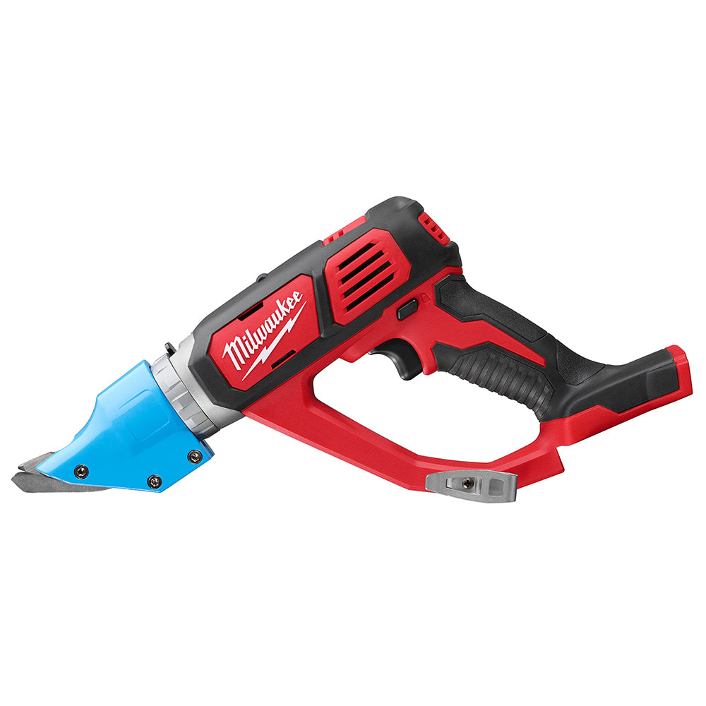 Milwaukee M18 cordless shear with red and black body, blue cutting head, and black grip handle shown at angle.