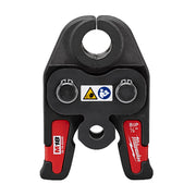 Black iron press jaw with 1/2 in. opening, red and black handles with adjustment knobs and safety labels.