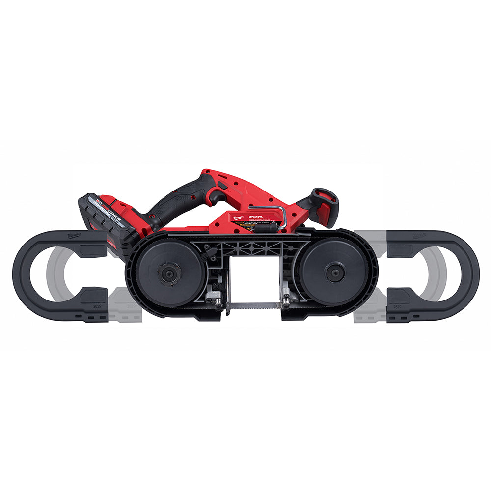 Black and red Milwaukee compact band saw with protective covers on both wheel ends and handle on top.