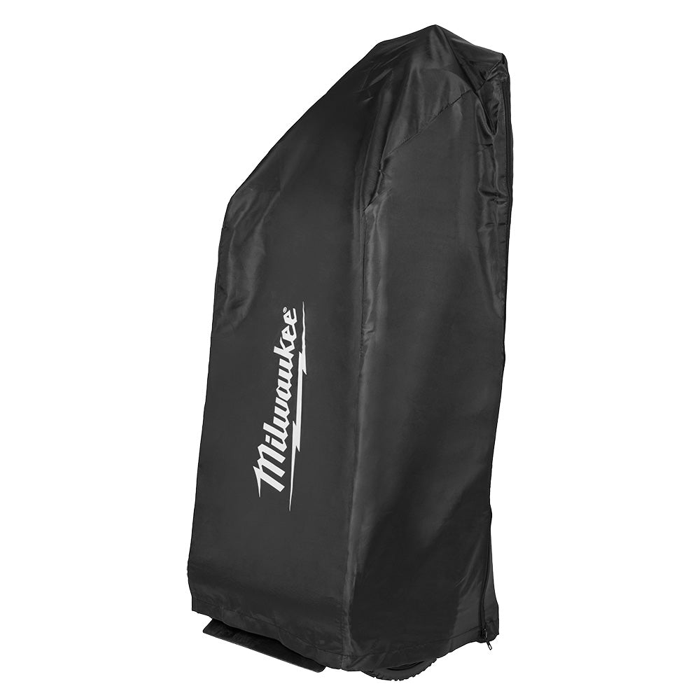 Black protective mower cover with Milwaukee branding on front, sized for 21-inch mowers.