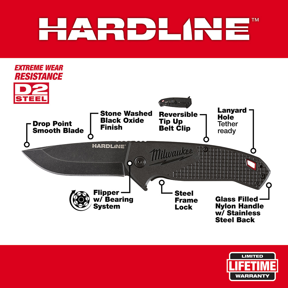 Black Milwaukee Hardline pocket knife with 3" smooth blade, steel frame, glass-filled nylon handle, and lanyard hole.