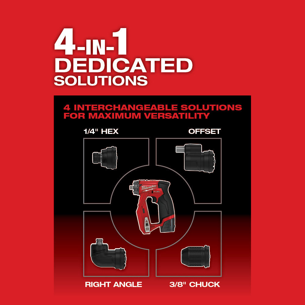 Red and black diagram showing Milwaukee M12 drill in center with four interchangeable head attachments displayed around it: 1