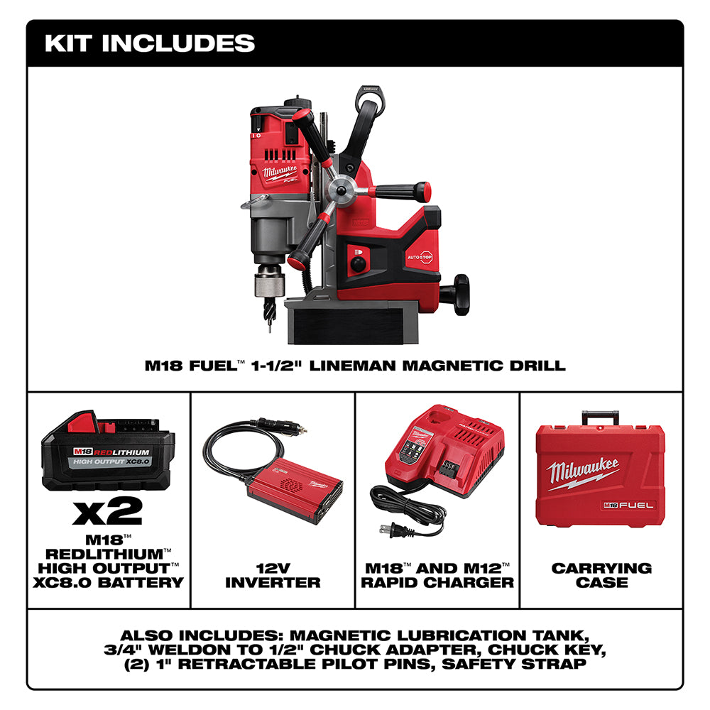 M18 FUEL magnetic drill with two batteries, charger, inverter, carrying case, and accessories.