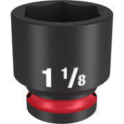 Black impact socket with 1-1/8" measurement marked on side and red grip band at base, 1/2" drive, hexagonal interior.