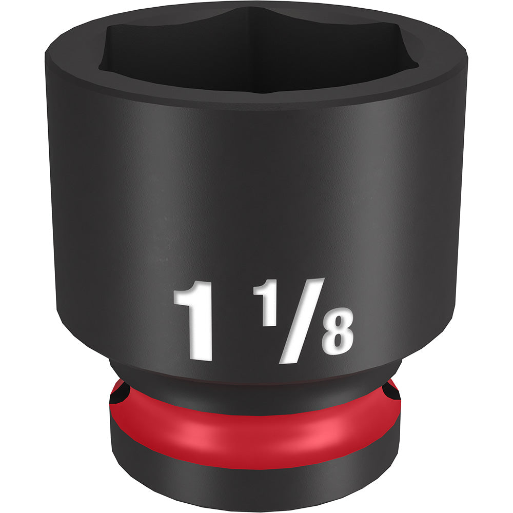 Black impact socket with 1-1/8" measurement marked on side and red grip band at base, 1/2" drive, hexagonal interior.