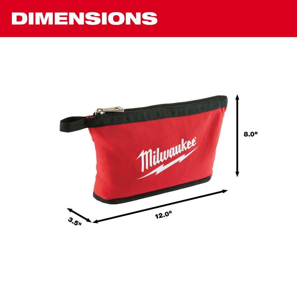Red and black Milwaukee zipper pouch with carry handle, measuring 12.0" x 9.5" x 8.0".