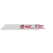 Milwaukee SAWZALL 6 inch metal cutting blade with 18 teeth per inch and red/white mounting tang.