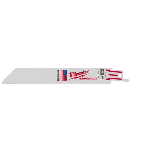Milwaukee SAWZALL 6 inch metal cutting blade with 18 teeth per inch and red/white mounting tang.