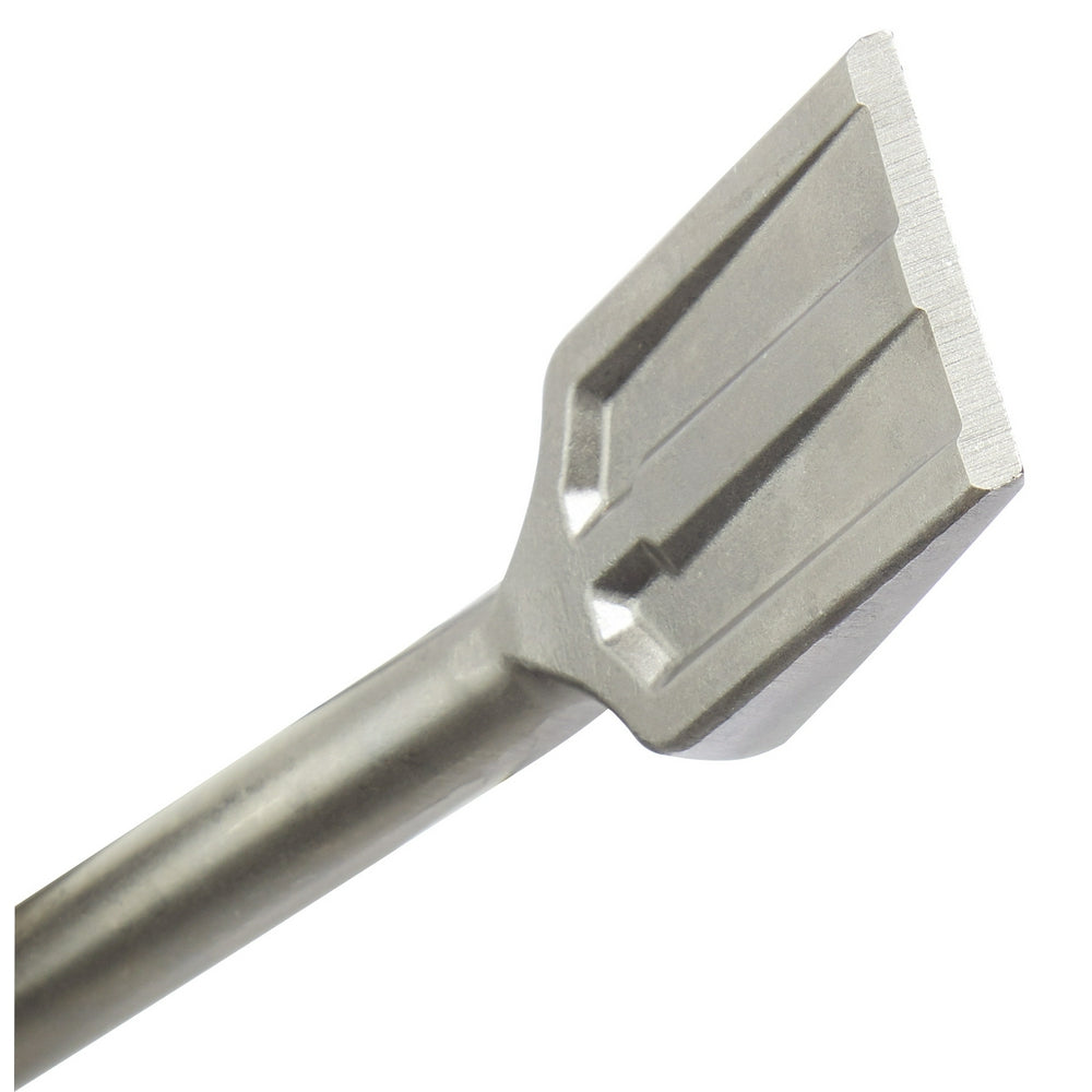 SDS-Max demolition scraping chisel with 2 inch wide flat head and cylindrical shaft.