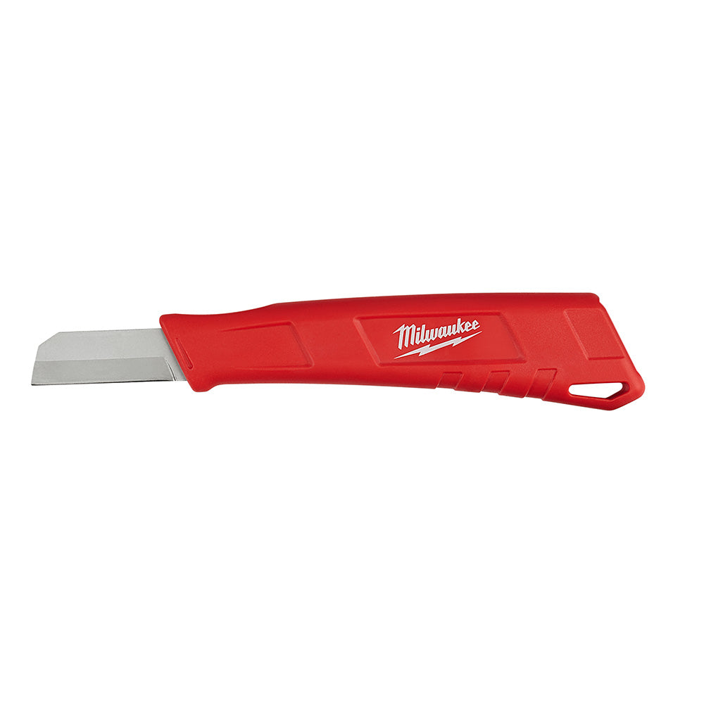 Red utility knife with metal blade and Milwaukee branding on handle.