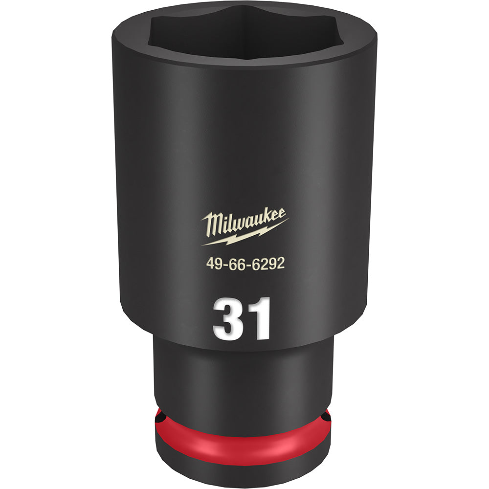 Black Milwaukee deep socket with 31MM size marking, hexagonal opening at top, and red grip band at base.