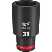 Black Milwaukee deep socket with 31MM size marking, hexagonal opening at top, and red grip band at base.