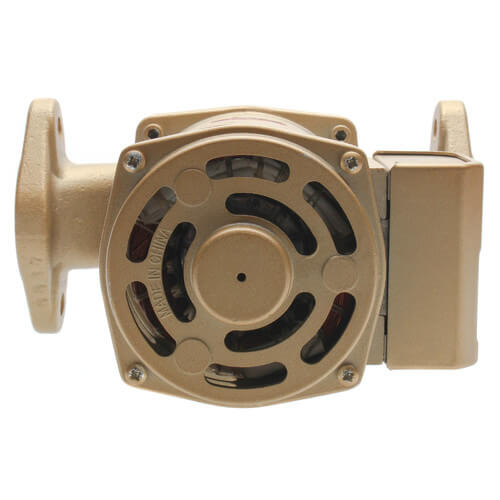 Bronze circulator pump with flanged ports on left and right sides, motor housing with cooling fins in center, and mounting br
