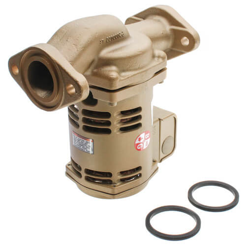 Bronze circulator pump with cylindrical body, side-mounted inlet, and two rubber gaskets displayed separately below.