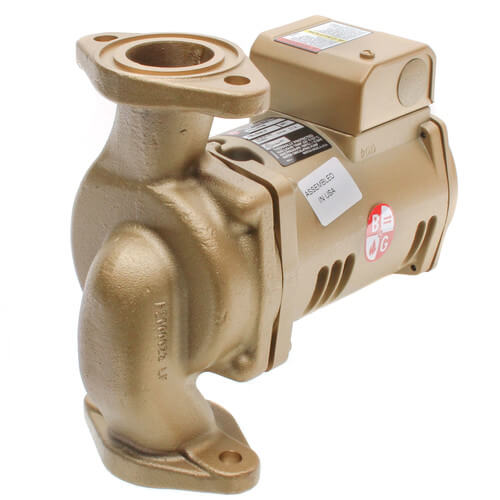 Bronze circulator pump with integral motor, flanged inlet/outlet connections, and attached electrical housing.