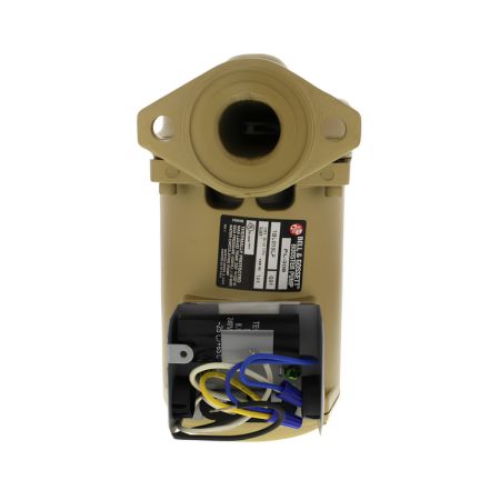 Bronze circulator pump with dual mounting flanges, black label plate, and exposed internal wiring connections.