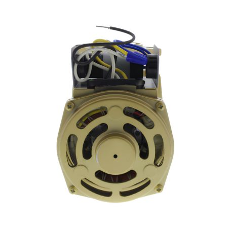 Bronze circulator pump with motor assembly visible on top and circular intake ports on bottom face.